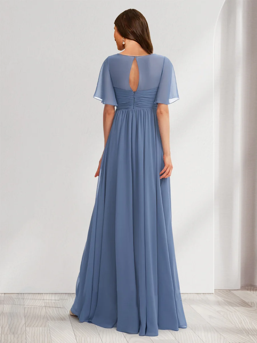 A-Line/Princess V-Neck Short Sleeves Chiffon Baby Shower Bridesmaid Dresses with Ruffles & Pleats - Image 2