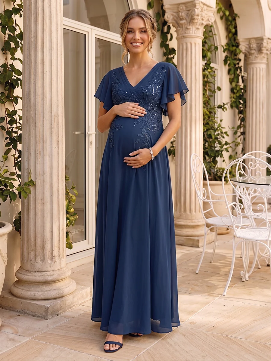 A-Line/Princess V-Neck Short Sleeves Chiffon Floor-Length Baby Shower Wedding Guest Dresses with Appliques