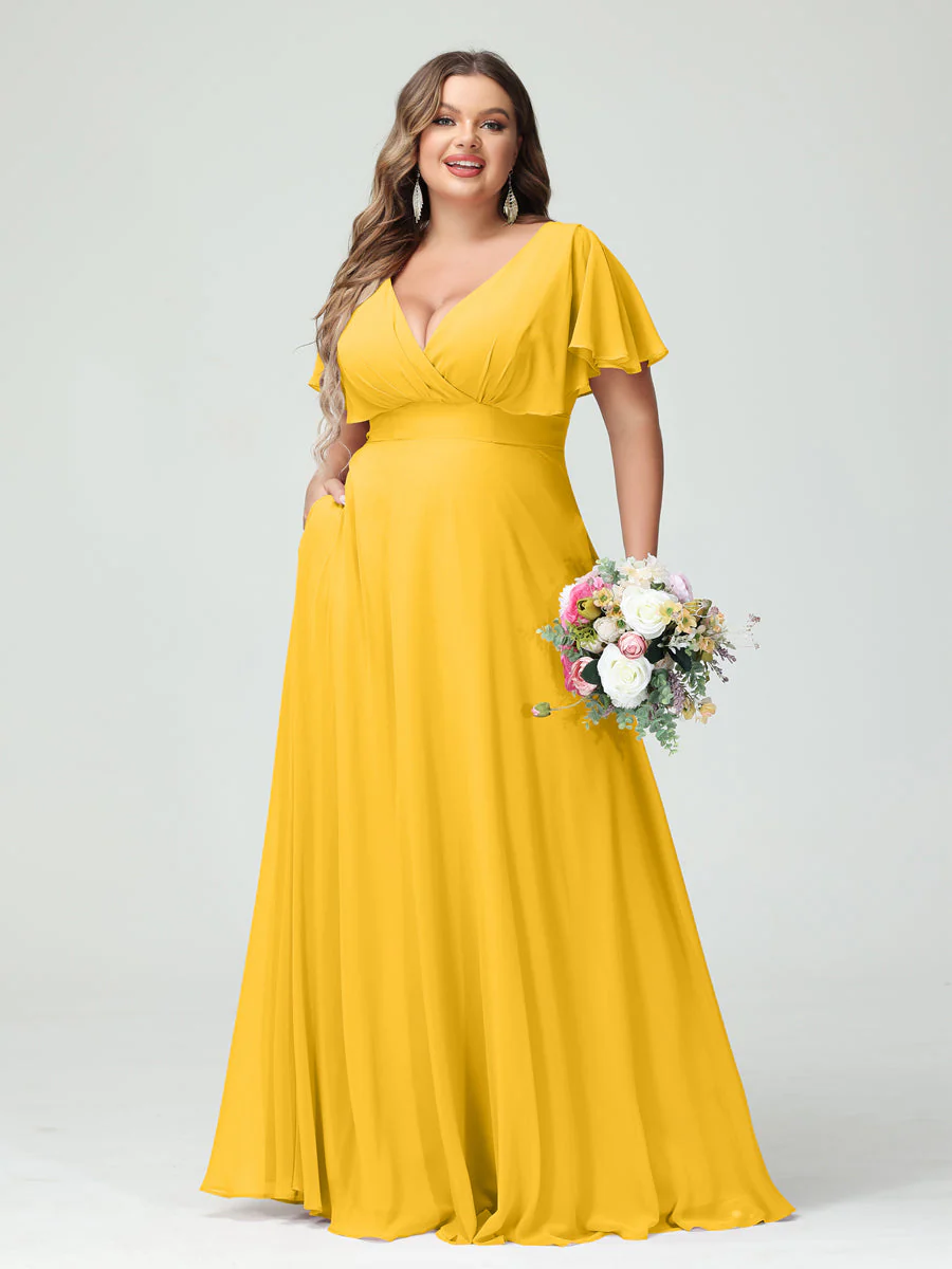 A-Line/Princess V-Neck Short Sleeves Chiffon Plus Size Bridesmaid Dresses with Pockets - Image 71