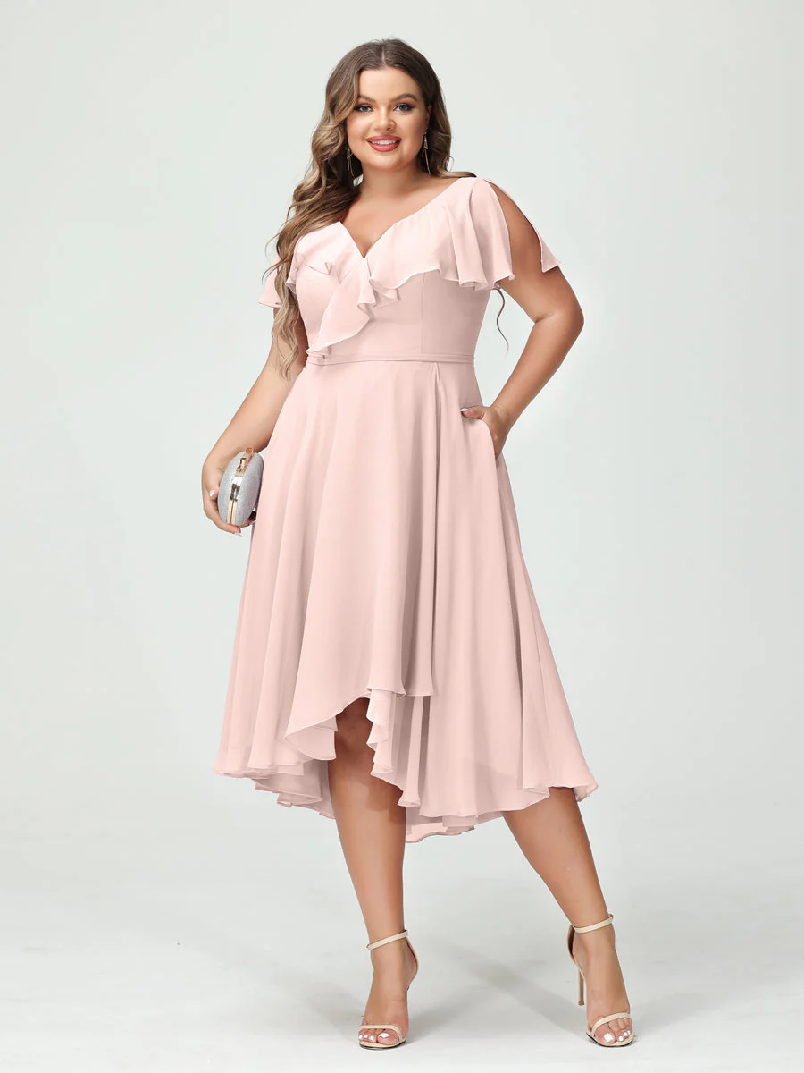 A-Line/Princess V-Neck Short Sleeves Chiffon Ruffles High-Low Plus Size Bridesmaid Dresses with Pockets - Image 27