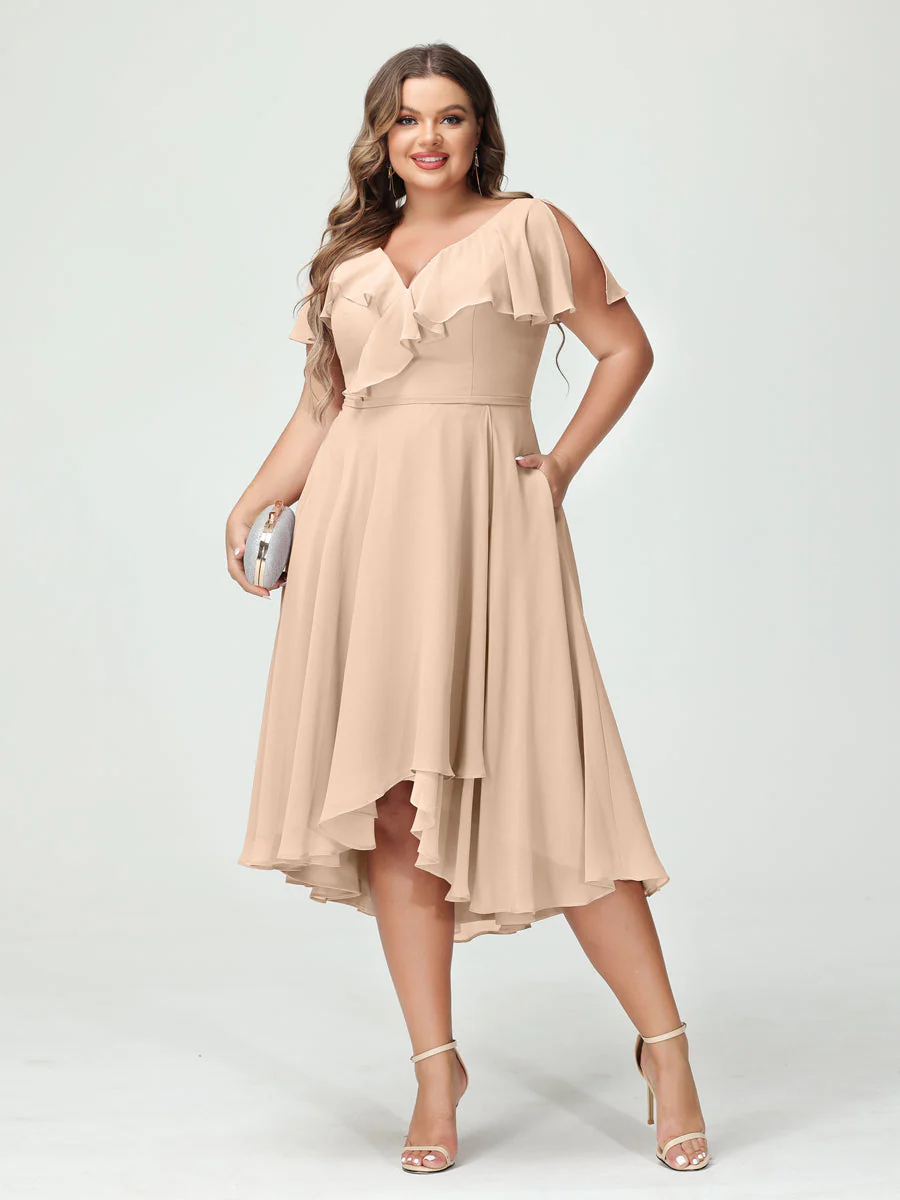 A-Line/Princess V-Neck Short Sleeves Chiffon Ruffles High-Low Plus Size Bridesmaid Dresses with Pockets - Image 29
