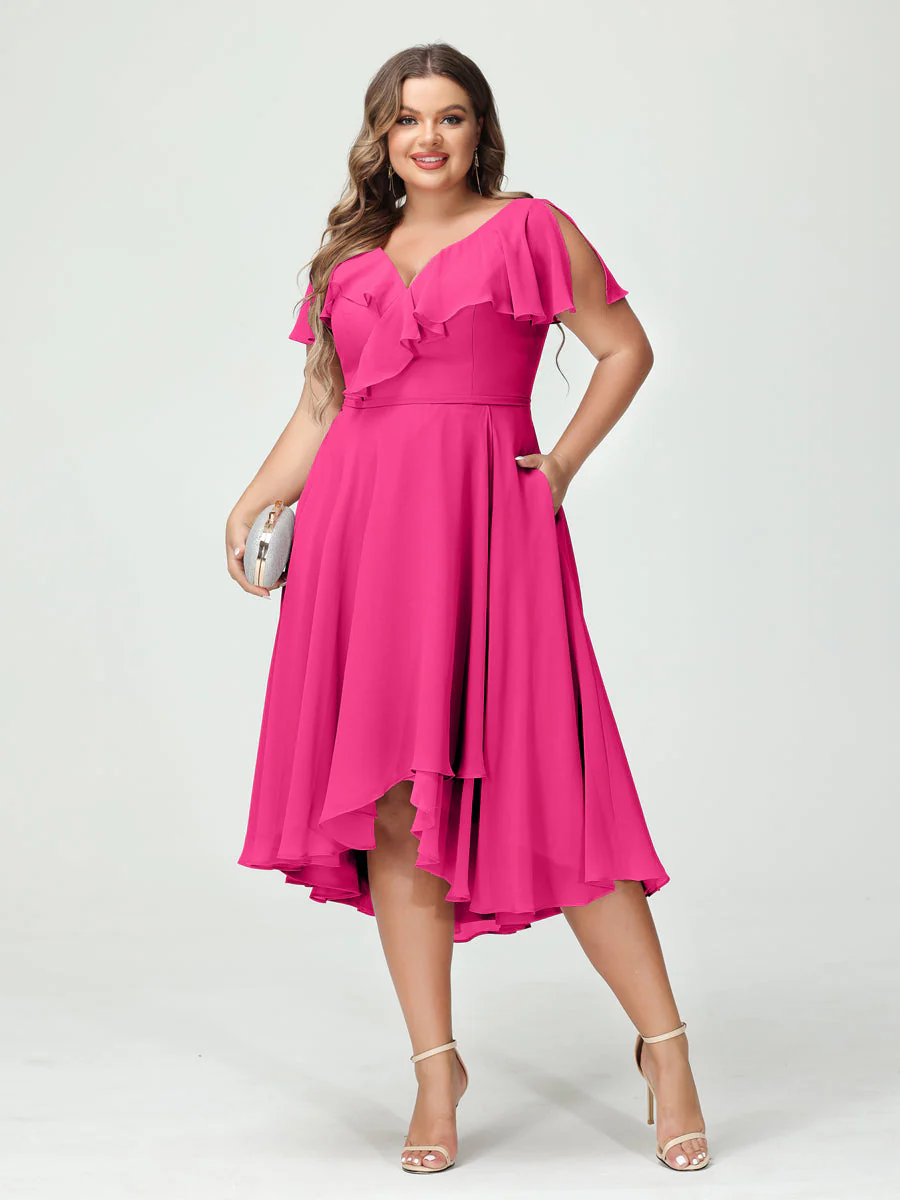 A-Line/Princess V-Neck Short Sleeves Chiffon Ruffles High-Low Plus Size Bridesmaid Dresses with Pockets - Image 33