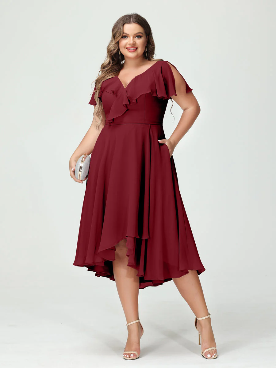 A-Line/Princess V-Neck Short Sleeves Chiffon Ruffles High-Low Plus Size Bridesmaid Dresses with Pockets - Image 37