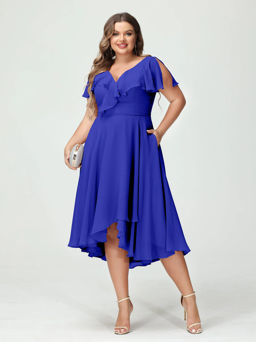 A-Line/Princess V-Neck Short Sleeves Chiffon Ruffles High-Low Plus Size Bridesmaid Dresses with Pockets - Image 55