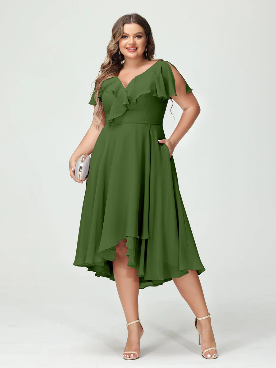 A-Line/Princess V-Neck Short Sleeves Chiffon Ruffles High-Low Plus Size Bridesmaid Dresses with Pockets - Image 65
