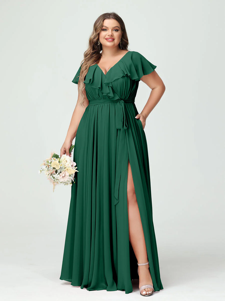 A-Line/Princess V-Neck Short Sleeves Chiffon Ruffles Plus Size Bridesmaid Dresses With Pockets - Image 11