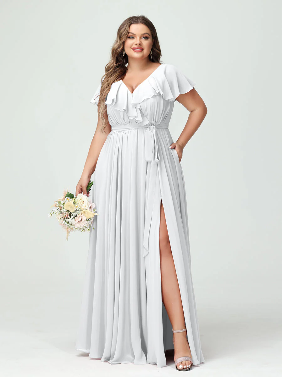A-Line/Princess V-Neck Short Sleeves Chiffon Ruffles Plus Size Bridesmaid Dresses With Pockets - Image 19
