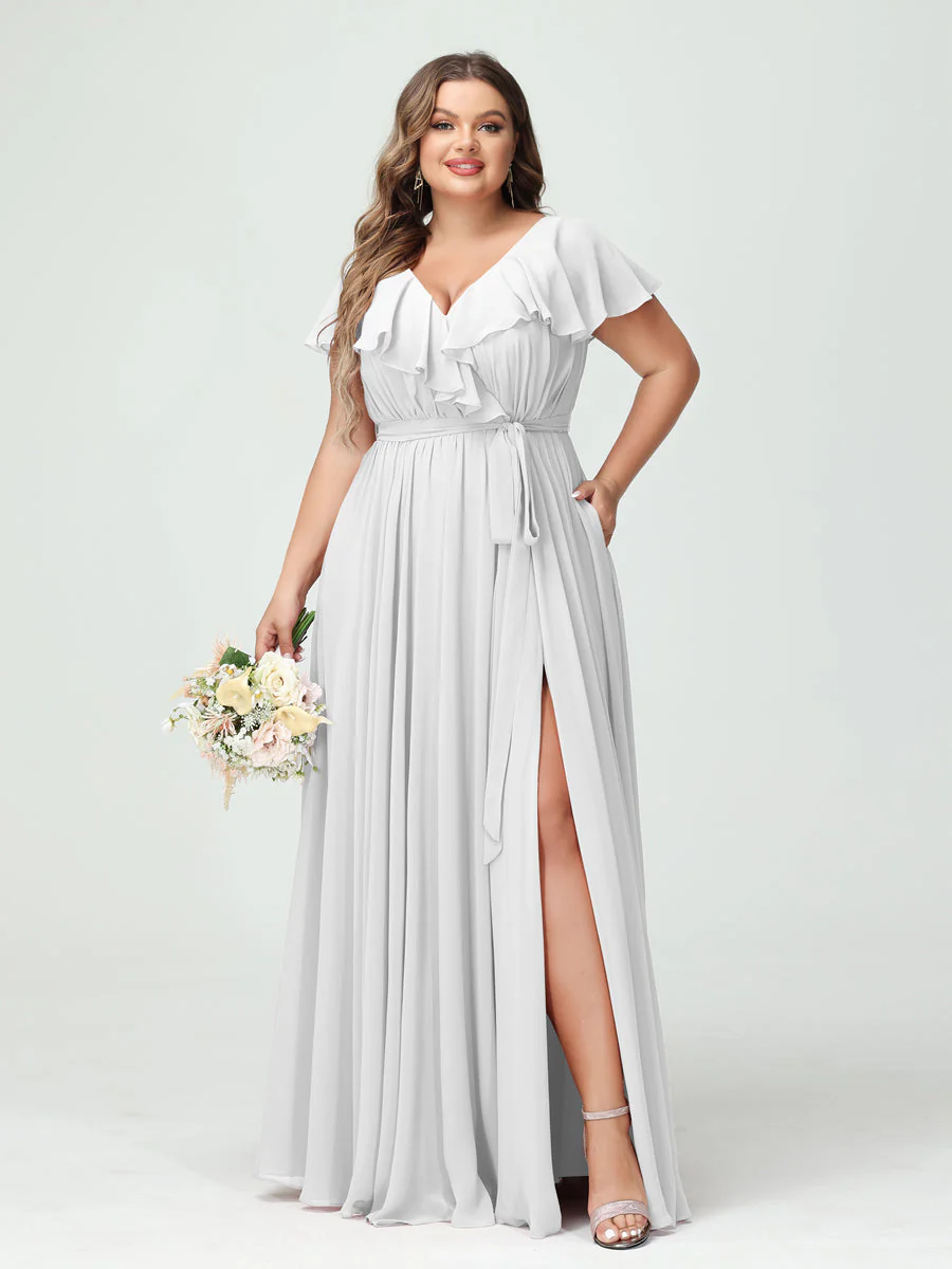 A-Line/Princess V-Neck Short Sleeves Chiffon Ruffles Plus Size Bridesmaid Dresses With Pockets - Image 20