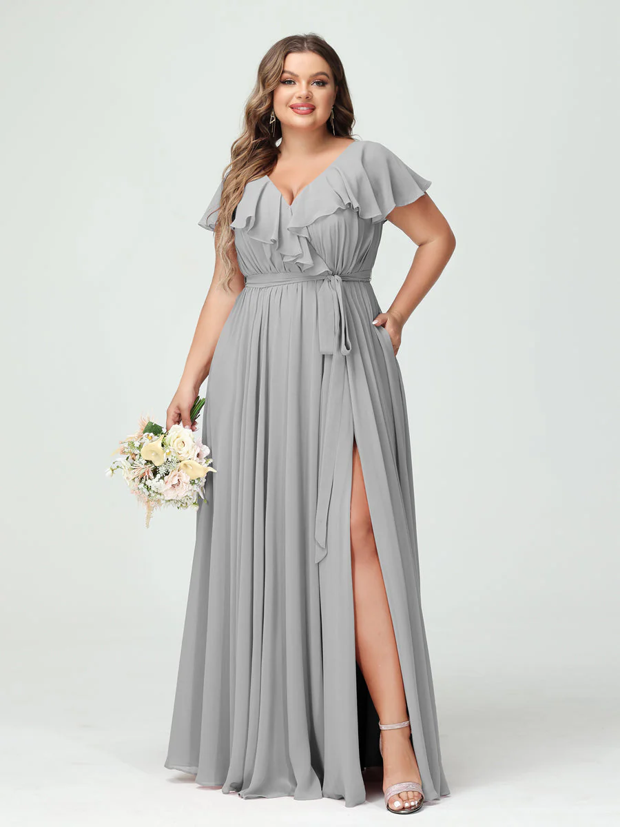 A-Line/Princess V-Neck Short Sleeves Chiffon Ruffles Plus Size Bridesmaid Dresses With Pockets - Image 22