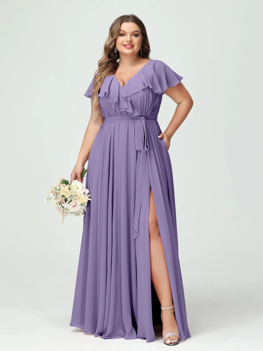 A-Line/Princess V-Neck Short Sleeves Chiffon Ruffles Plus Size Bridesmaid Dresses With Pockets - Image 41