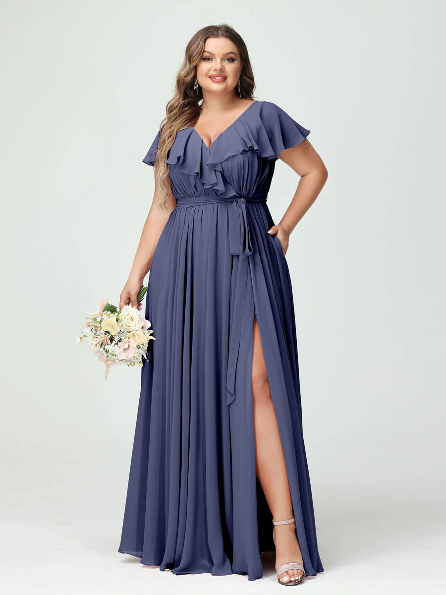 A-Line/Princess V-Neck Short Sleeves Chiffon Ruffles Plus Size Bridesmaid Dresses With Pockets - Image 57