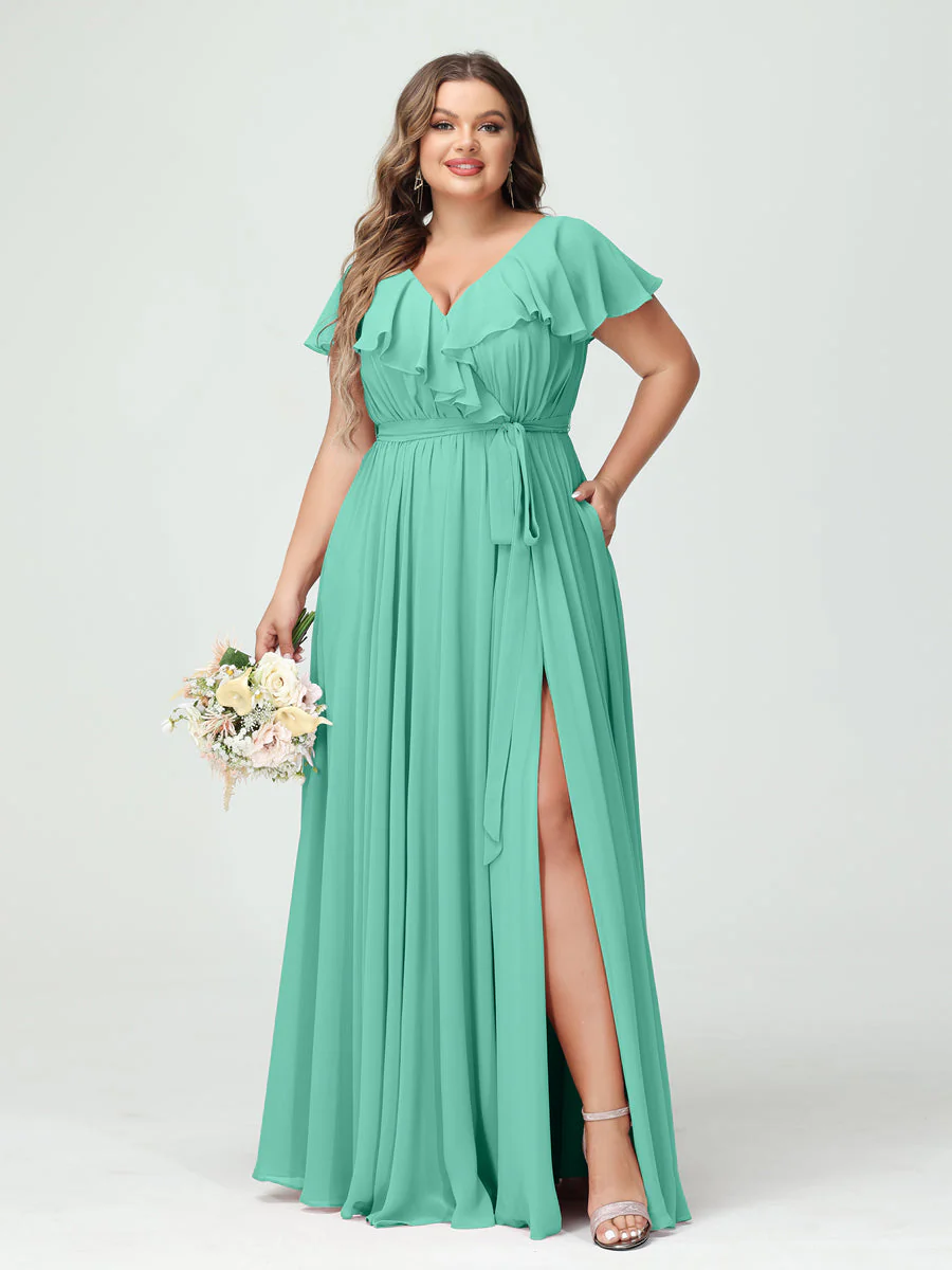 A-Line/Princess V-Neck Short Sleeves Chiffon Ruffles Plus Size Bridesmaid Dresses With Pockets - Image 62
