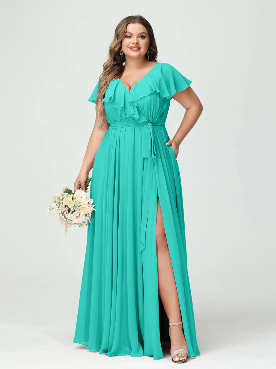 A-Line/Princess V-Neck Short Sleeves Chiffon Ruffles Plus Size Bridesmaid Dresses With Pockets - Image 63