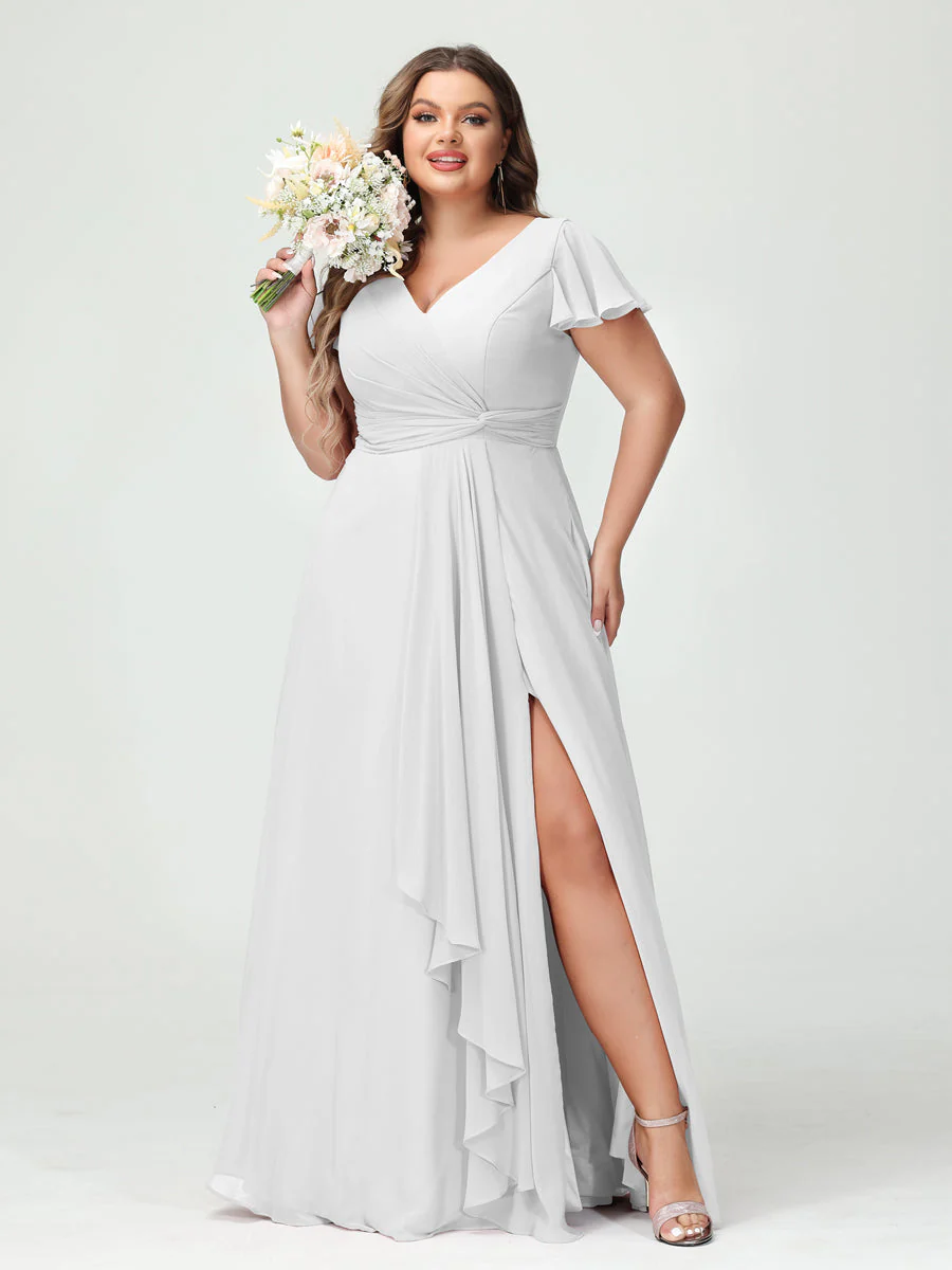 A-Line/Princess V-Neck Short Sleeves Chiffon Ruffles Split Side Plus Size Bridesmaid Dresses with Pockets - Image 20