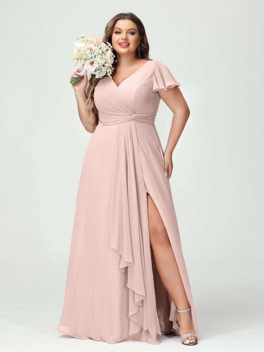 A-Line/Princess V-Neck Short Sleeves Chiffon Ruffles Split Side Plus Size Bridesmaid Dresses with Pockets - Image 26