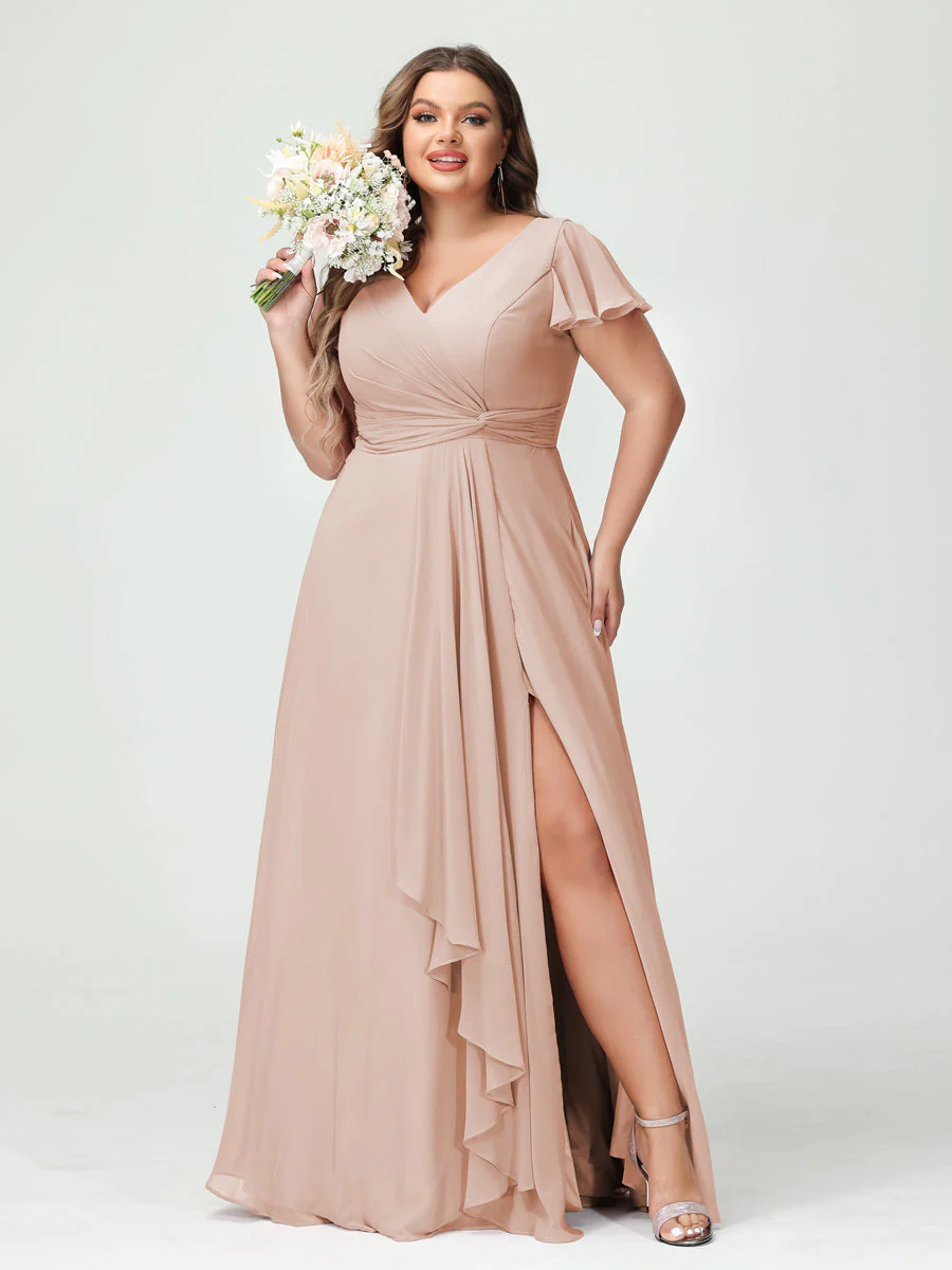 A-Line/Princess V-Neck Short Sleeves Chiffon Ruffles Split Side Plus Size Bridesmaid Dresses with Pockets - Image 28