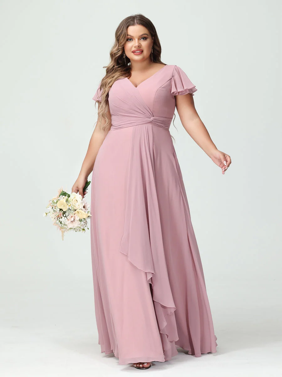 A-Line/Princess V-Neck Short Sleeves Chiffon Ruffles Split Side Plus Size Bridesmaid Dresses with Pockets - Image 3