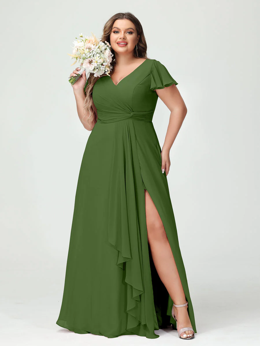 A-Line/Princess V-Neck Short Sleeves Chiffon Ruffles Split Side Plus Size Bridesmaid Dresses with Pockets - Image 65