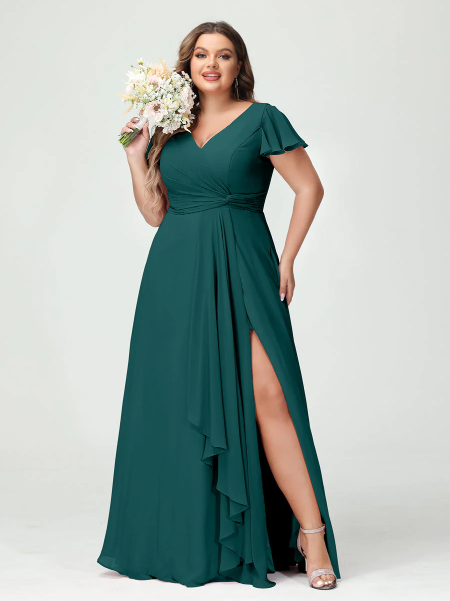 A-Line/Princess V-Neck Short Sleeves Chiffon Ruffles Split Side Plus Size Bridesmaid Dresses with Pockets - Image 66