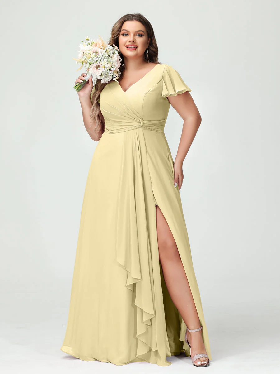 A-Line/Princess V-Neck Short Sleeves Chiffon Ruffles Split Side Plus Size Bridesmaid Dresses with Pockets - Image 68
