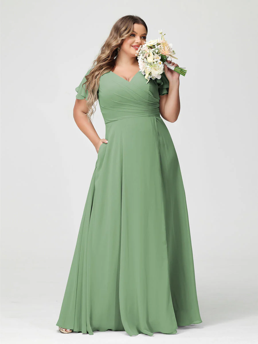 A-Line/Princess V-Neck Short Sleeves Chiffon Split Side Plus Size Bridesmaid Dresses with Pockets - Image 16