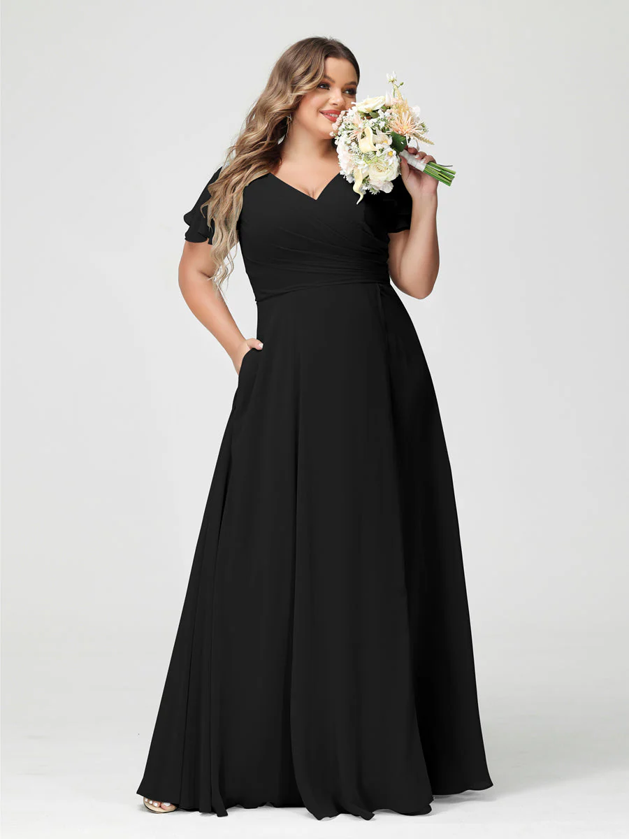 A-Line/Princess V-Neck Short Sleeves Chiffon Split Side Plus Size Bridesmaid Dresses with Pockets - Image 18