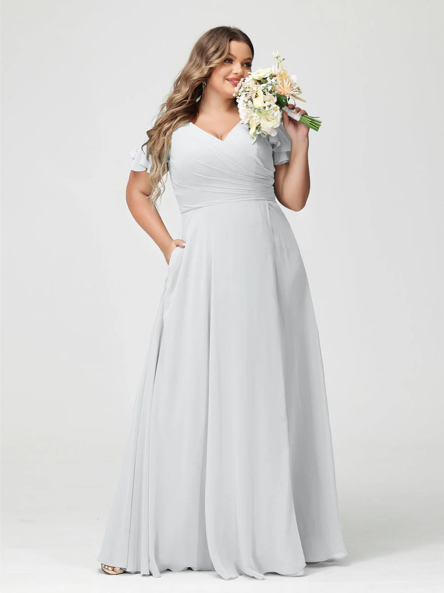 A-Line/Princess V-Neck Short Sleeves Chiffon Split Side Plus Size Bridesmaid Dresses with Pockets - Image 19