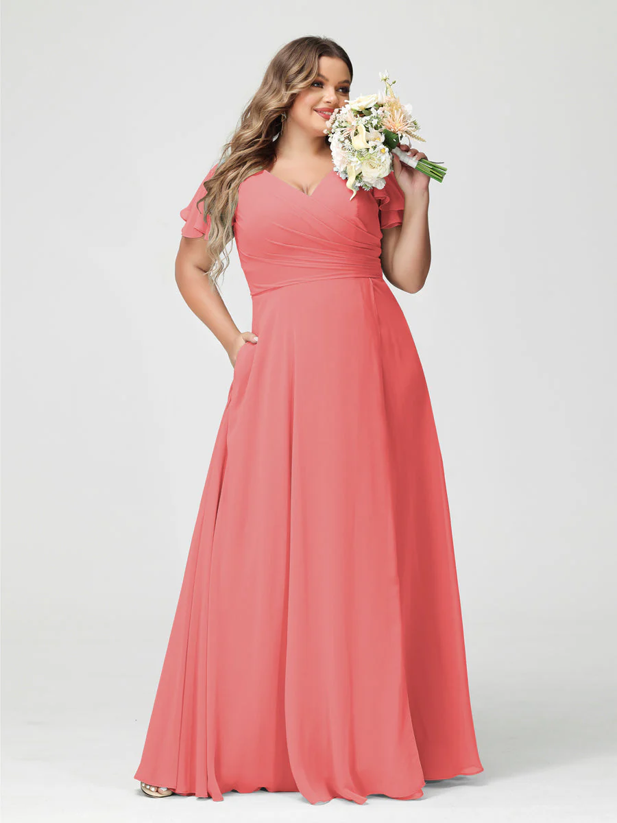 A-Line/Princess V-Neck Short Sleeves Chiffon Split Side Plus Size Bridesmaid Dresses with Pockets - Image 32