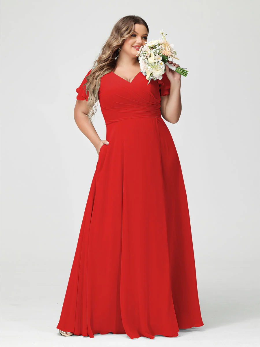 A-Line/Princess V-Neck Short Sleeves Chiffon Split Side Plus Size Bridesmaid Dresses with Pockets - Image 36