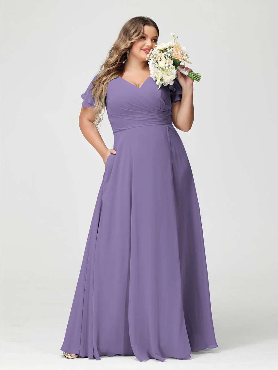 A-Line/Princess V-Neck Short Sleeves Chiffon Split Side Plus Size Bridesmaid Dresses with Pockets - Image 41