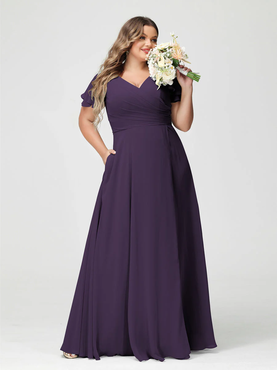 A-Line/Princess V-Neck Short Sleeves Chiffon Split Side Plus Size Bridesmaid Dresses with Pockets - Image 45