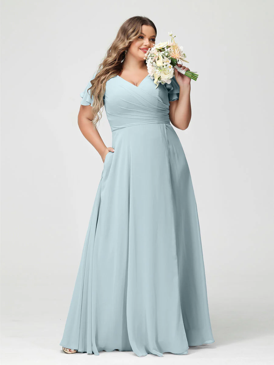 A-Line/Princess V-Neck Short Sleeves Chiffon Split Side Plus Size Bridesmaid Dresses with Pockets - Image 47