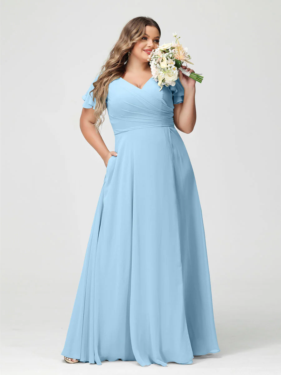 A-Line/Princess V-Neck Short Sleeves Chiffon Split Side Plus Size Bridesmaid Dresses with Pockets - Image 50