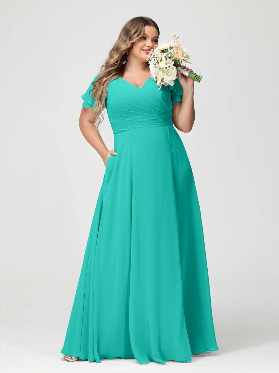 A-Line/Princess V-Neck Short Sleeves Chiffon Split Side Plus Size Bridesmaid Dresses with Pockets - Image 63