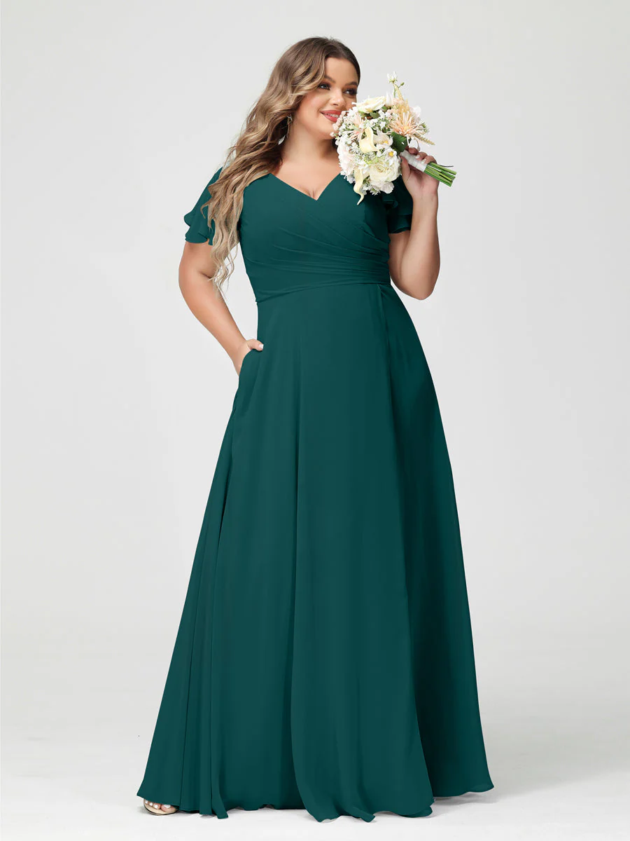 A-Line/Princess V-Neck Short Sleeves Chiffon Split Side Plus Size Bridesmaid Dresses with Pockets - Image 66