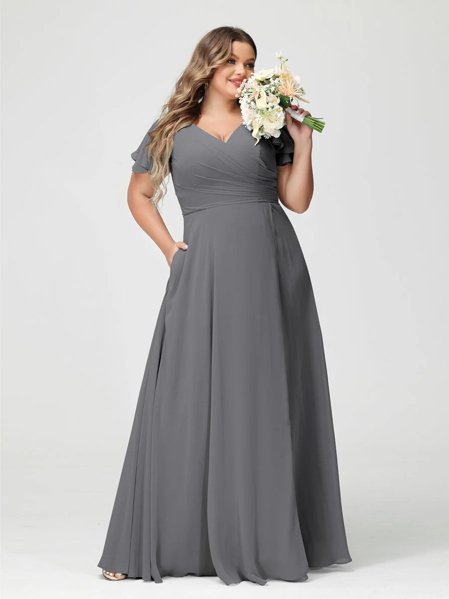 A-Line/Princess V-Neck Short Sleeves Chiffon Split Side Plus Size Bridesmaid Dresses with Pockets - Image 75