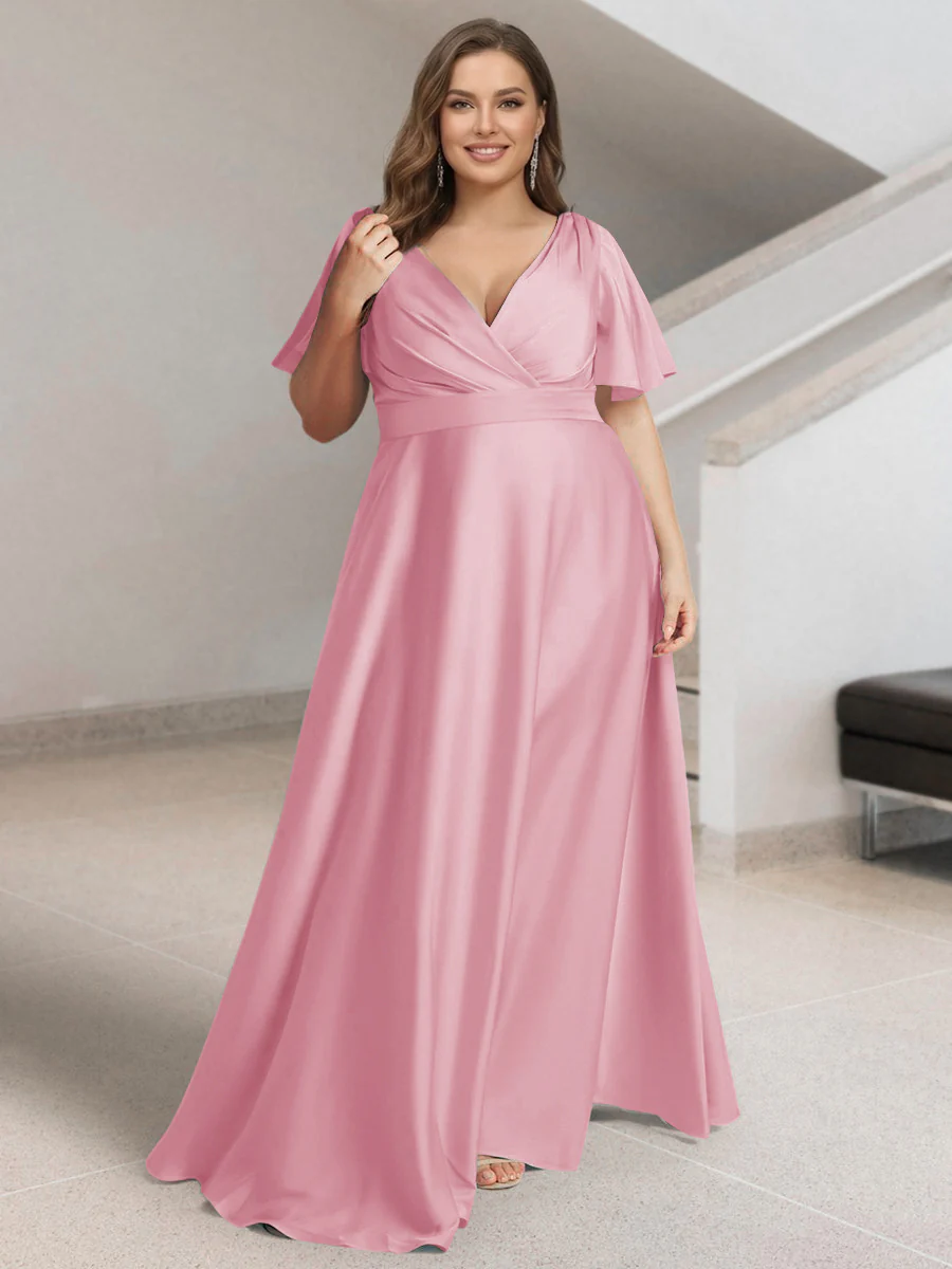 A-Line/Princess V-Neck Short Sleeves Silk Satin Plus Size Bridesmaid Dresses with Pockets - Image 17