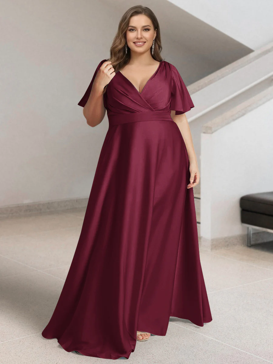 A-Line/Princess V-Neck Short Sleeves Silk Satin Plus Size Bridesmaid Dresses with Pockets - Image 25