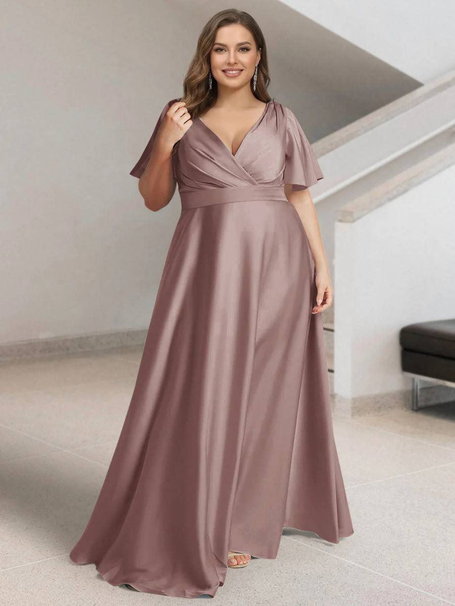 A-Line/Princess V-Neck Short Sleeves Silk Satin Plus Size Bridesmaid Dresses with Pockets - Image 3