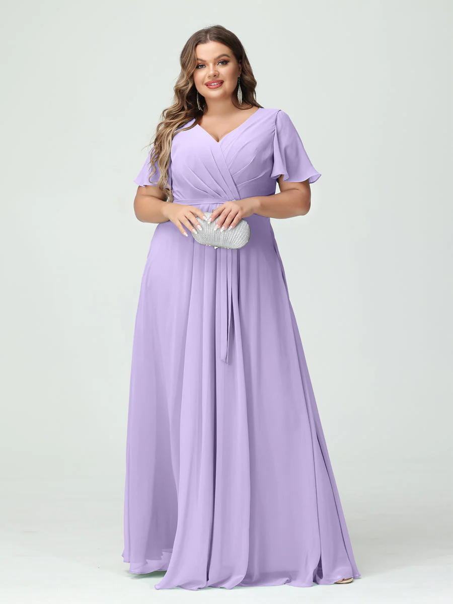 A-Line/Princess V-Neck Short Sleeves Chiffon Split Side Plus Size Bridesmaid Dresses with Pockets Belt - Image 14