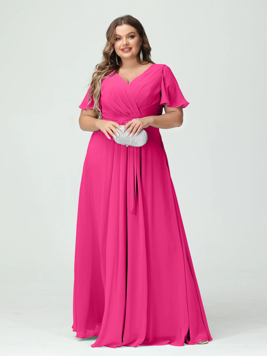 A-Line/Princess V-Neck Short Sleeves Chiffon Split Side Plus Size Bridesmaid Dresses with Pockets Belt - Image 33