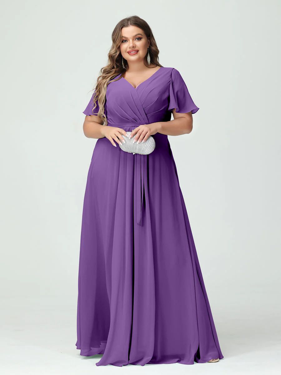 A-Line/Princess V-Neck Short Sleeves Chiffon Split Side Plus Size Bridesmaid Dresses with Pockets Belt - Image 42
