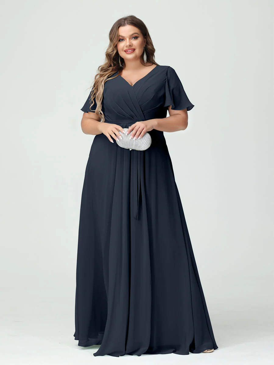 A-Line/Princess V-Neck Short Sleeves Chiffon Split Side Plus Size Bridesmaid Dresses with Pockets Belt - Image 59