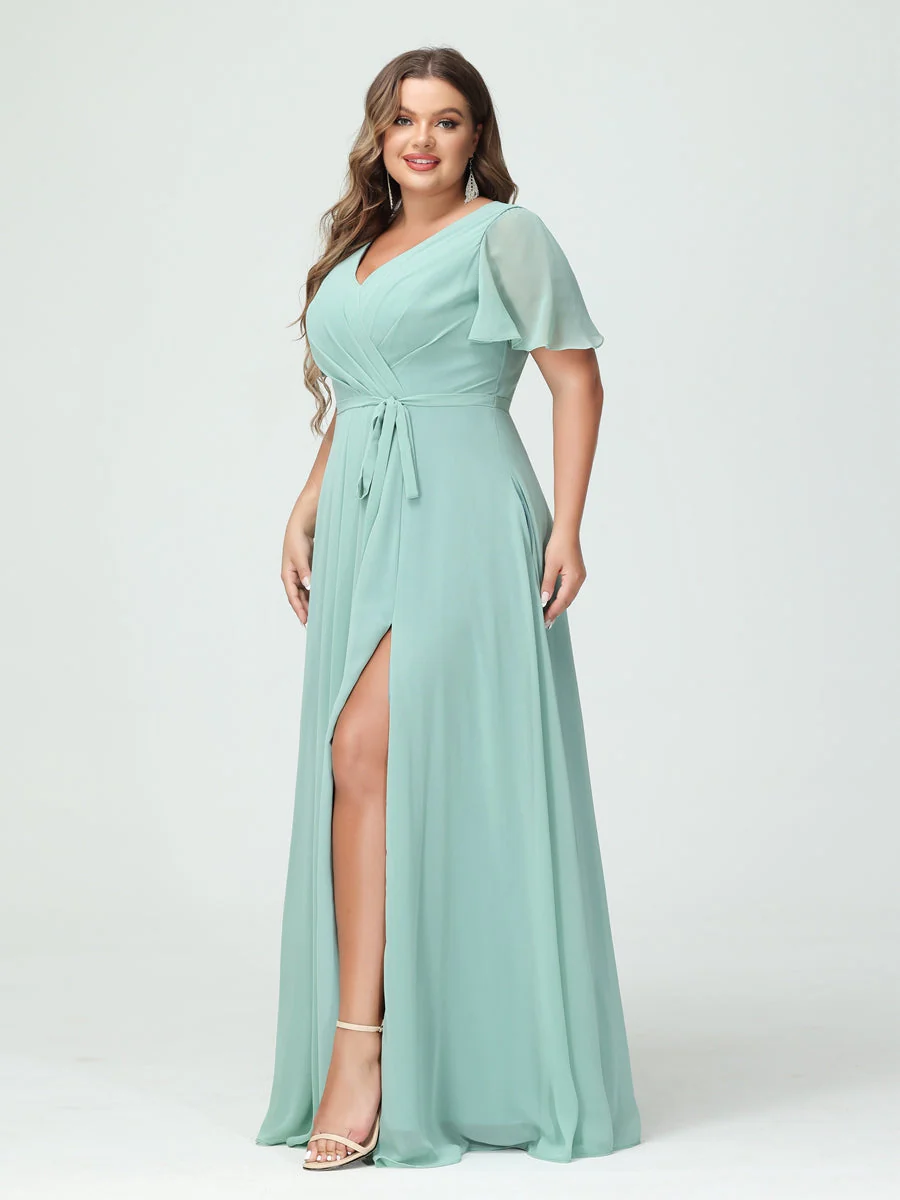 A-Line/Princess V-Neck Short Sleeves Chiffon Split Side Plus Size Bridesmaid Dresses with Pockets Belt - Image 6