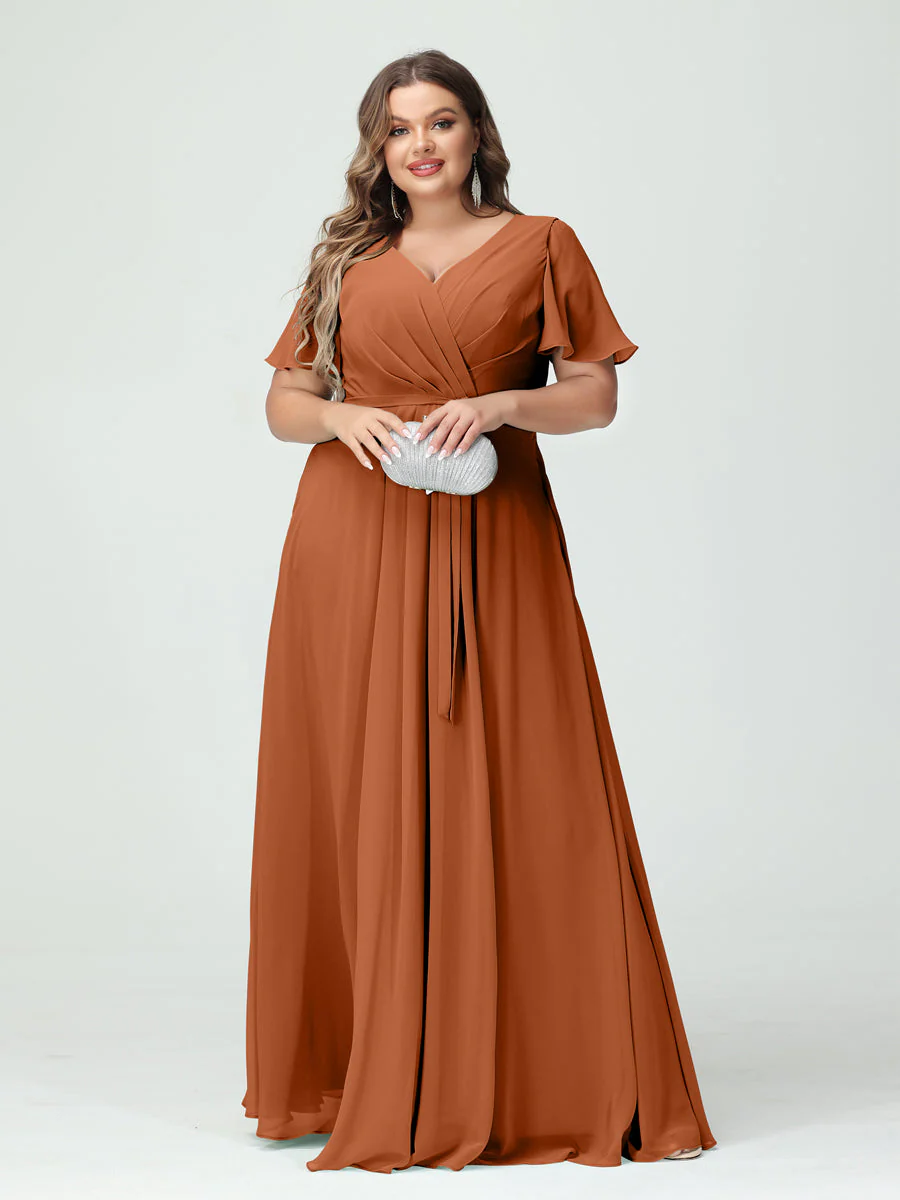 A-Line/Princess V-Neck Short Sleeves Chiffon Split Side Plus Size Bridesmaid Dresses with Pockets Belt - Image 9