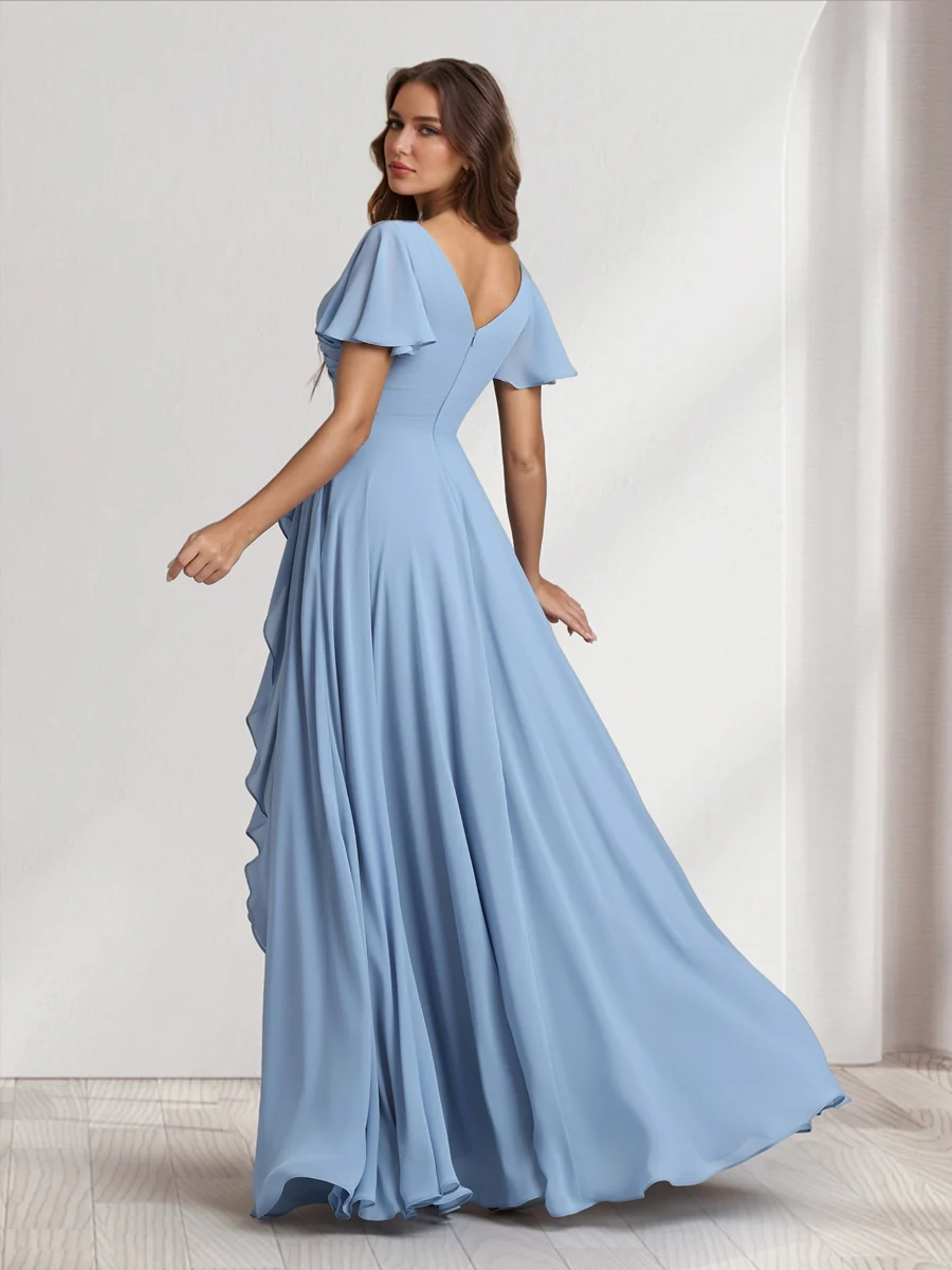 A-Line/Princess V-Neck Short Sleeves Floor-Length Bridesmaid Dresses With Ruffles & Split Side - Image 2