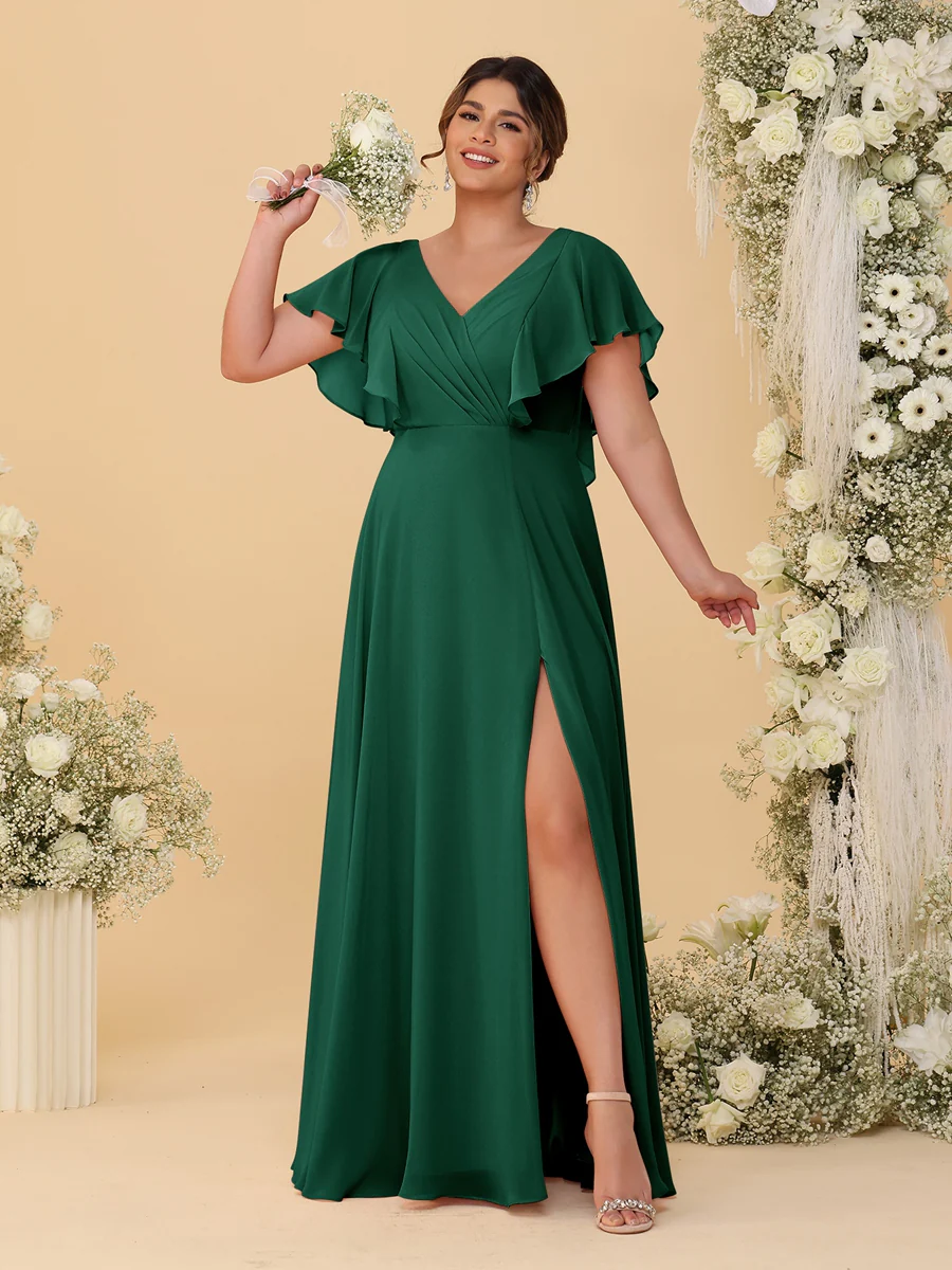 A-Line/Princess V-Neck Short Sleeves Floor-Length Plus Size Bridesmaid Dresses With Side Slit - Image 20