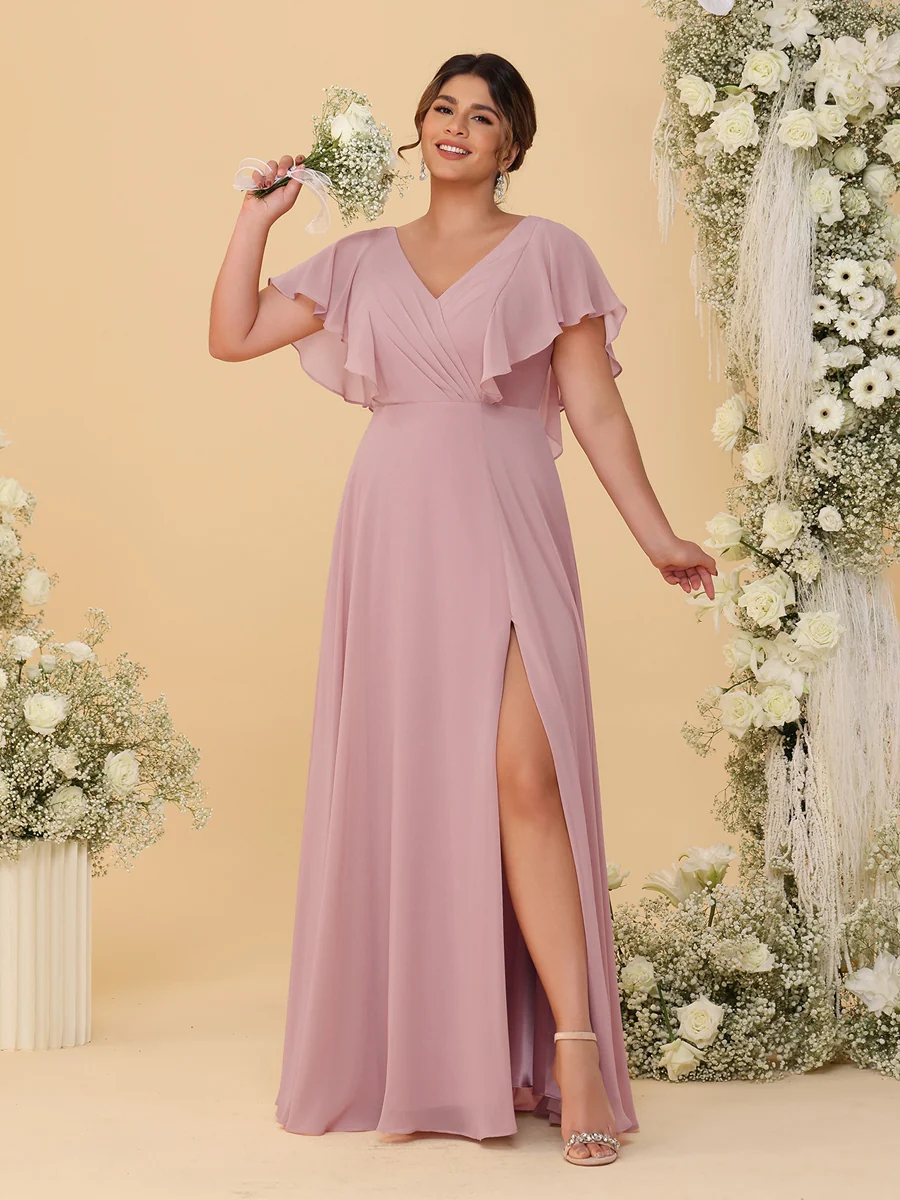 A-Line/Princess V-Neck Short Sleeves Floor-Length Plus Size Bridesmaid Dresses With Side Slit - Image 39