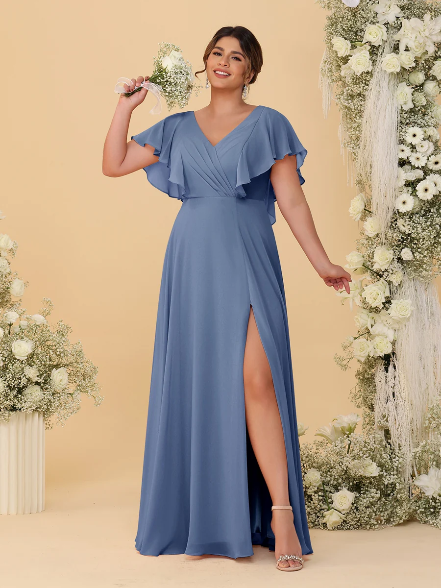 A-Line/Princess V-Neck Short Sleeves Floor-Length Plus Size Bridesmaid Dresses With Side Slit - Image 65