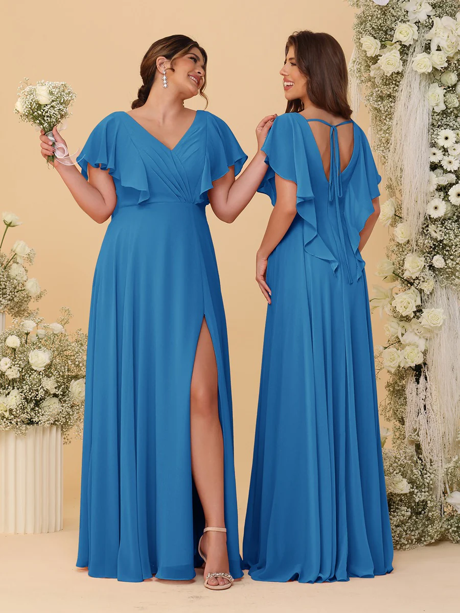 A-Line/Princess V-Neck Short Sleeves Floor-Length Ruched Bridesmaid Dresses With Side Slit - Image 26